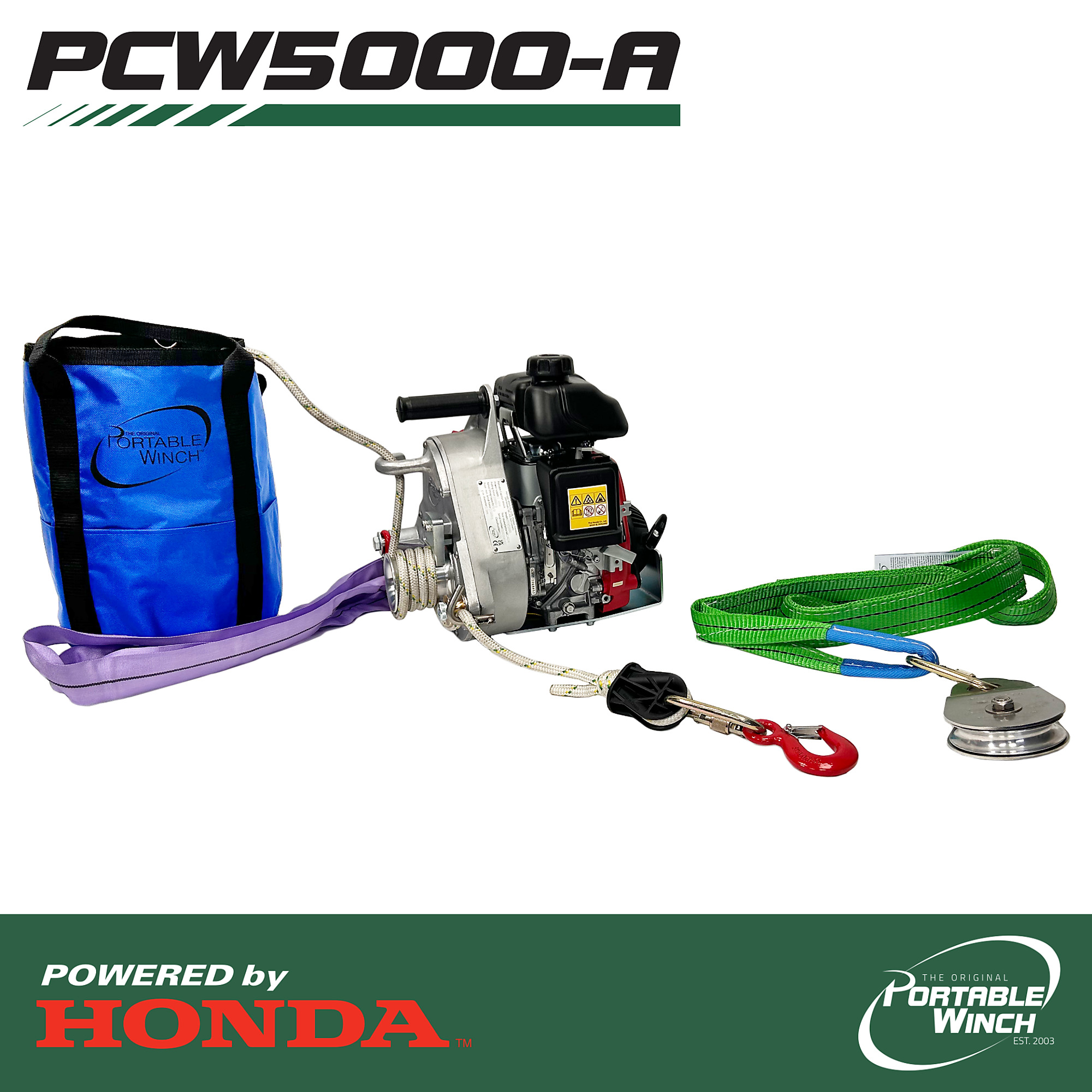 Portable Winch, PCW5000 Gas-Powered Portable Winch w/ Essential Accessories, Capacity (Line Pull) 2200 lb, Model# PCW5000-A